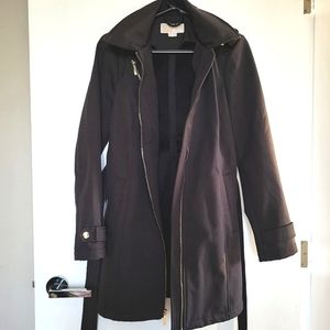 Michael Kors Women Black Full Zip Hooded Belted Fleece Lined Coat Jacket